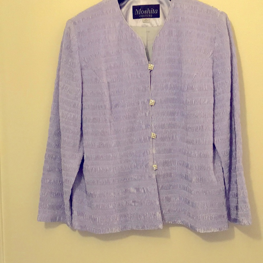 Women’s plus size 2 piece full length skirt suit lavender with crystal buttons.